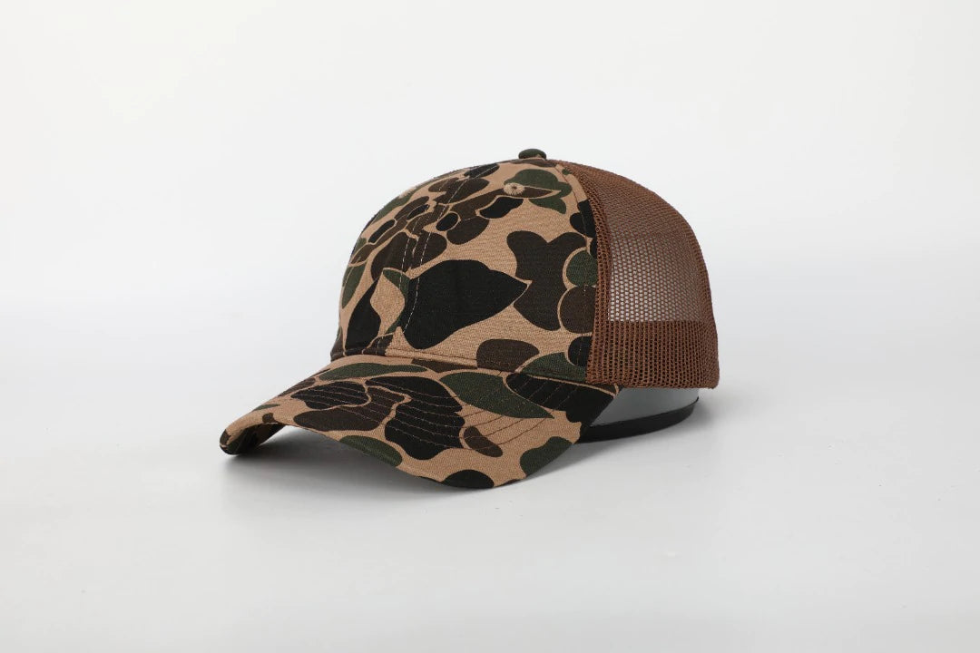 Hunt Fish Panic “HFP Duck Call” Leather Patch Hat - Version 2 Retro Duck Camo/Brown / Note Eater